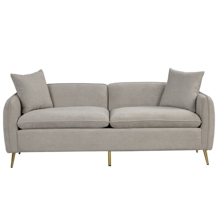 Euroco Velvet Upholstered Sofa with Armrest Pockets, 3-Seat Couch with 2 Pillows and Golden Metal Legs, Gray, 77.5"