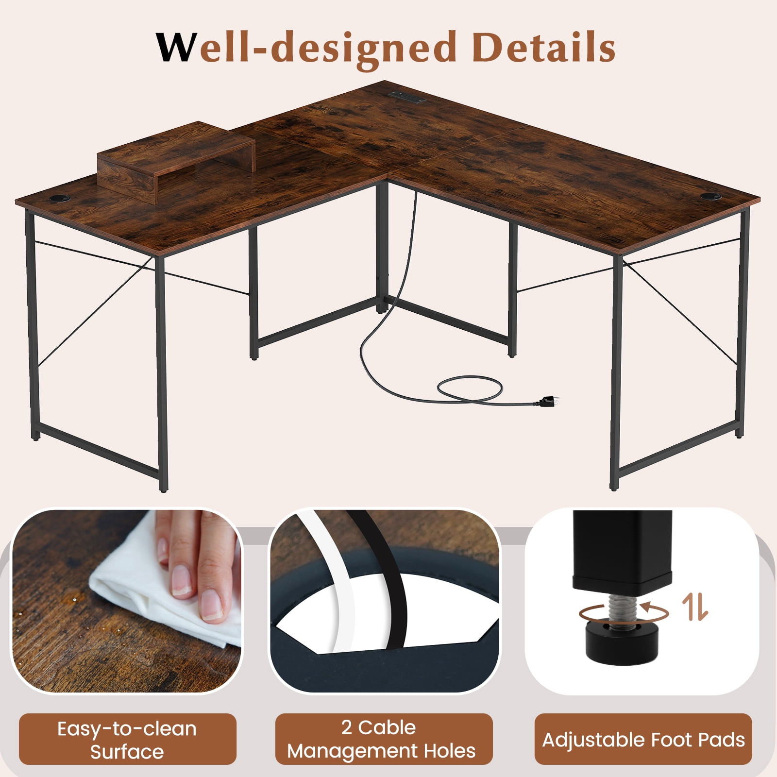 Giantex 95 Inch Reversible Corner Desk, L-Shaped Computer Desk w/Monitor Stand & 3 Cable Holes, 2-Person Long Study Writing Desk for ome Office, Rustic Brown