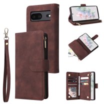 Dteck Compatible with Google Pixel 7 Wallet Case,Premium PU Leather Zipper Flip Folio Wallet with Wrist Strap Magnetic Closure Built-in Kickstand Protective Cover,Coffee