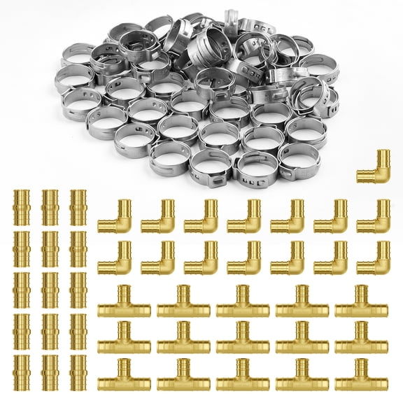 KFFKFF Pipe Accessories, 1/2" 45PCS (15xStraight, 15xElbows, 15xTees) Brass Pipe Accessories, Push-Fit Pipe Link Brass Air Accessories, Plumbing Accessories Adapter for Heating/Shower Systems