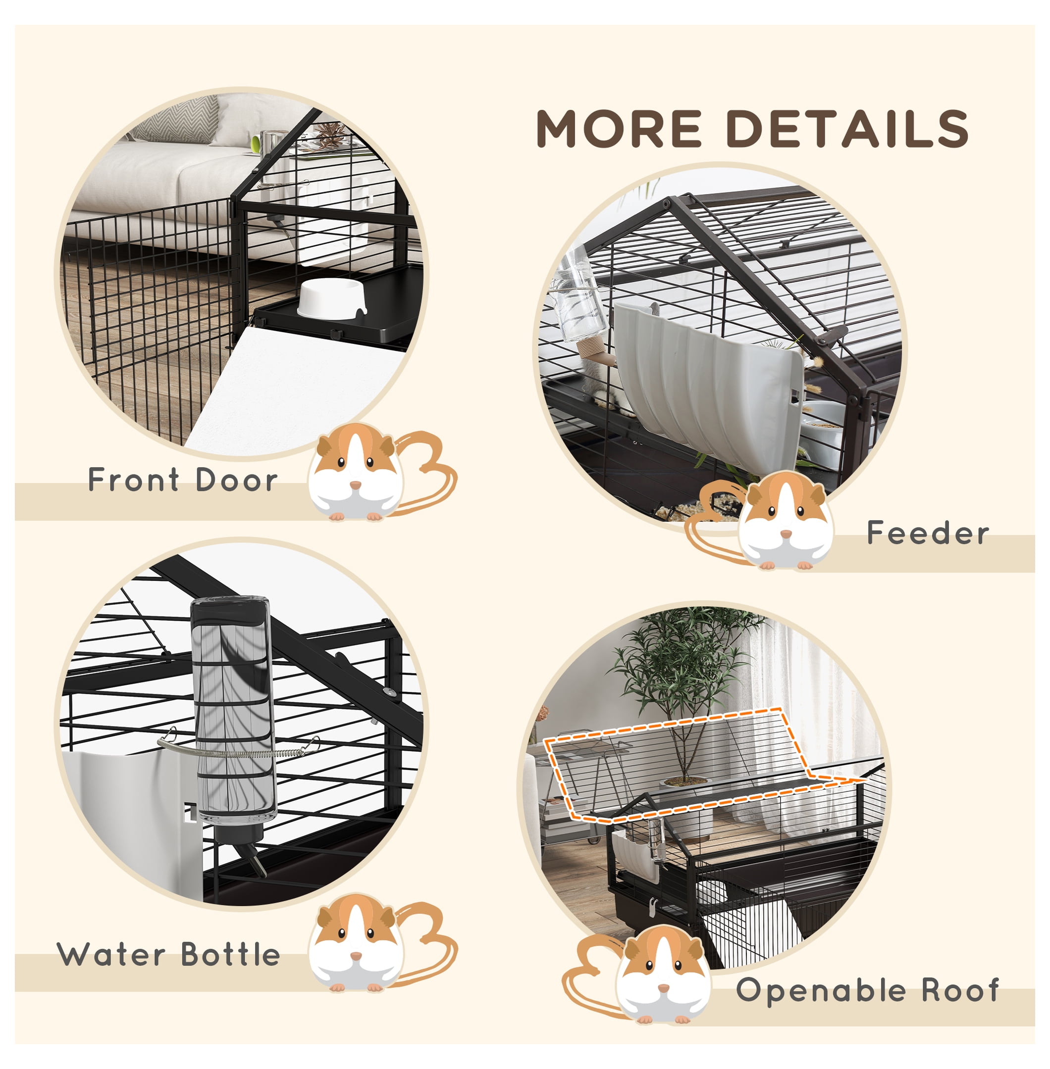 Small Animal Cage with Run, Rolling Bunny Cage, Guinea Pig Habitat, Hedgehog Cage - 46.5" - Includes Bottle, Bowl & Ramps