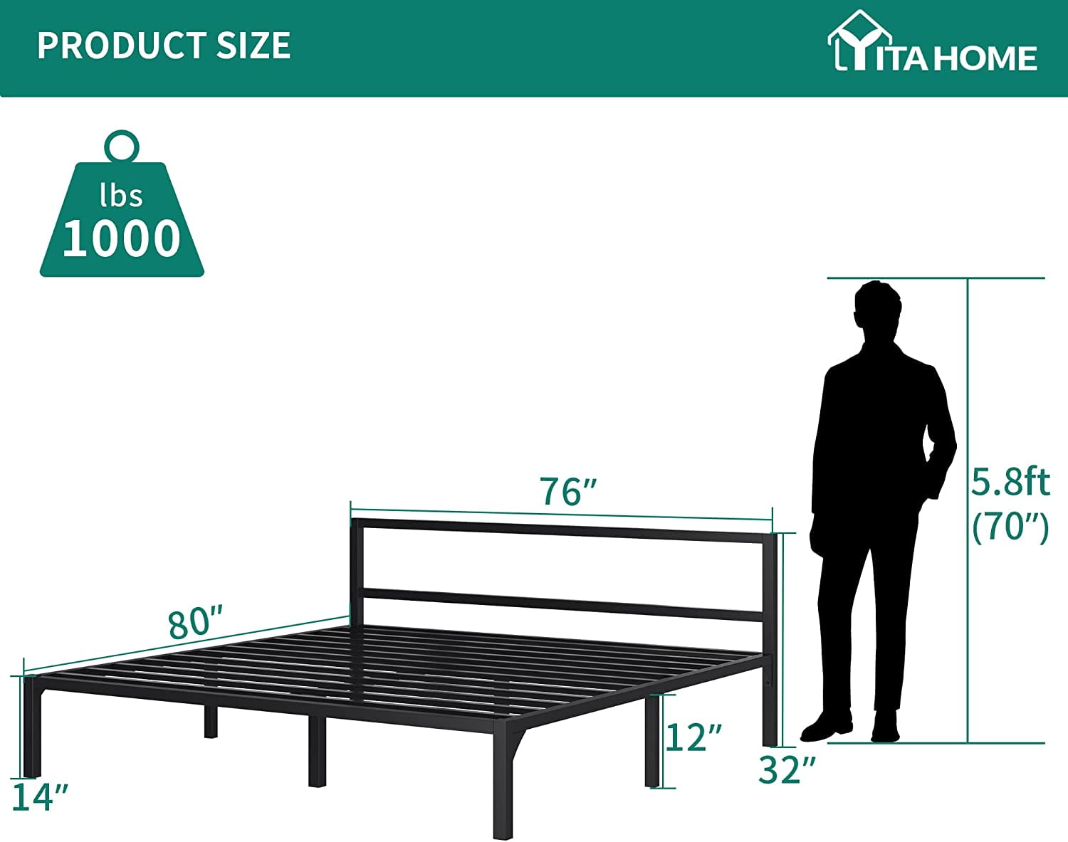 Dextrus King Size Bed Frame with Headboard/14 inch Platform/No Box Spring Needed