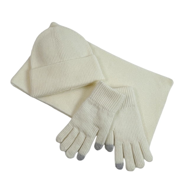 MIASHUI Solid Color Knit Hat, Scarf, and Gloves Three-Piece Set, Knit Fake Wool Yarn Scarf Red Christmas Hat Set White