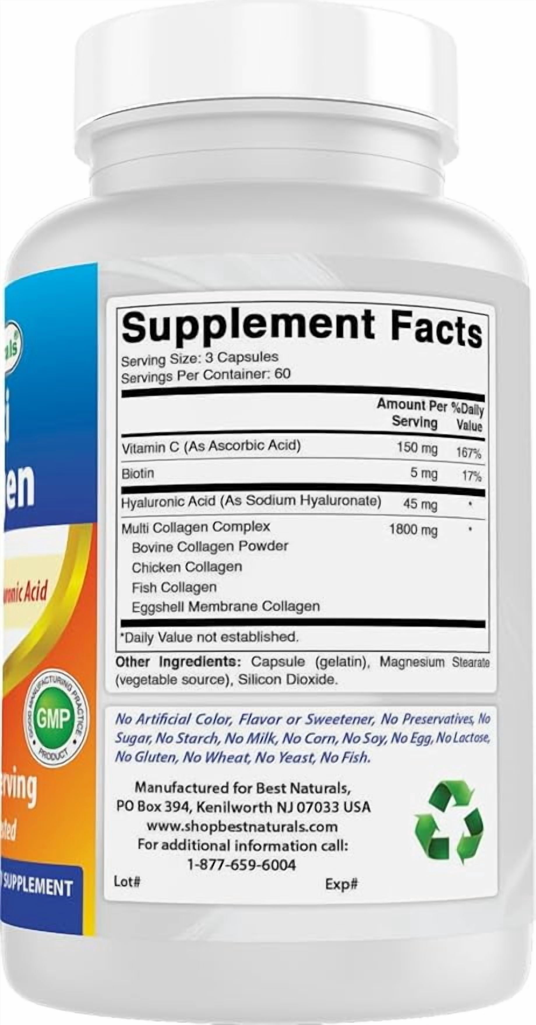 (3 pack) Best Naturals Multi Collagen Pills 2000mg for Women & Men - Hydrolyzed Collagen Peptides Capsules for Hair Skin and Nails with Types I II III V X, Biotin, Hyaluronic Acid & Vitamin C