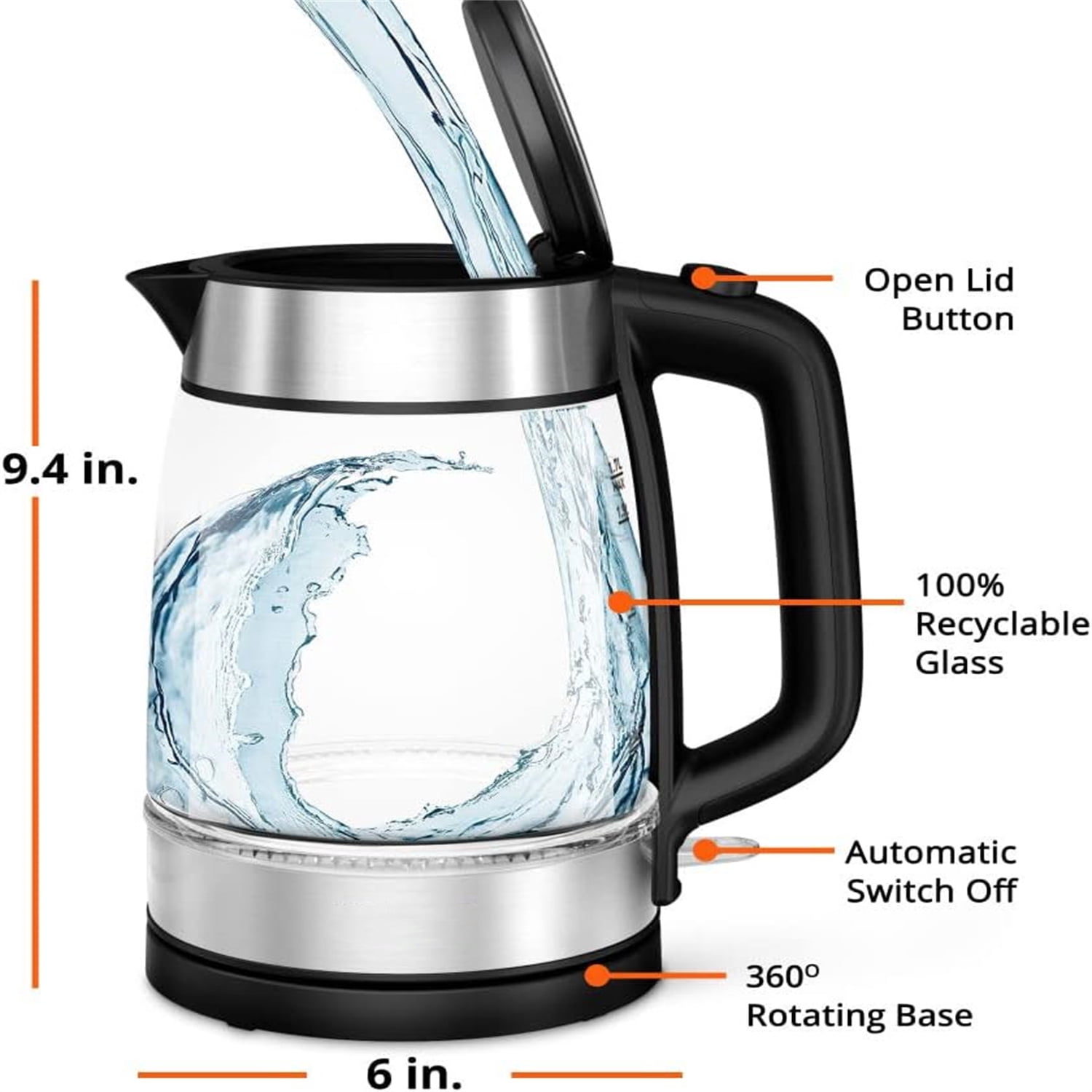 1.7L Glass Electric Kettle: Fast-Boiling 1500W with LED Indicator, Anti-Scale Filter, Auto Shut-Off, and Cordless Design - Boil 1 Cup in 80 Snds for Perfect Tea and Coffee
