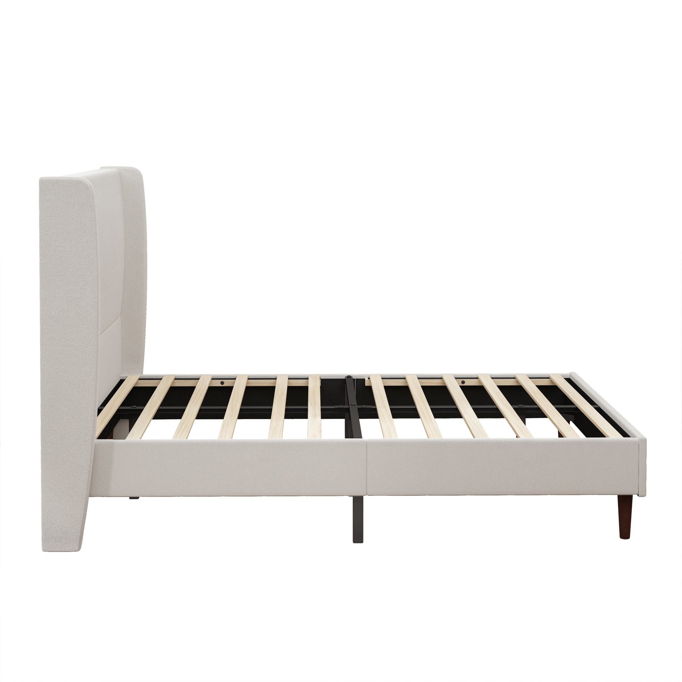 GDF Studio Queen Size Chenille Upholstered Bed with High Headboard & Wood Slat Support, Ivory White