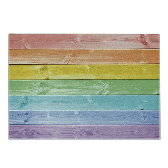 Pastel Cutting Board, Wooden Planks in Rainbow Colors Rural Rustic Home Cottage Theme Summer Shades Print, Decorative Tempered Glass Cutting and Serving Board, Small Size, Multicolor, by Ambesonne