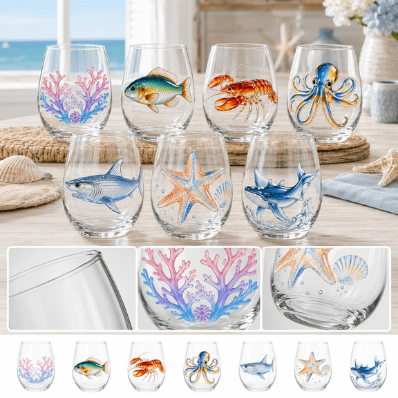 4.3 x 3.3 in Artistic Ocean Life Glass Cup, Clear 2D Marine Design Drinking Glass for Water, Juice, Wine, Desk Display, Coastal Home Decor & Gift, 1Pc