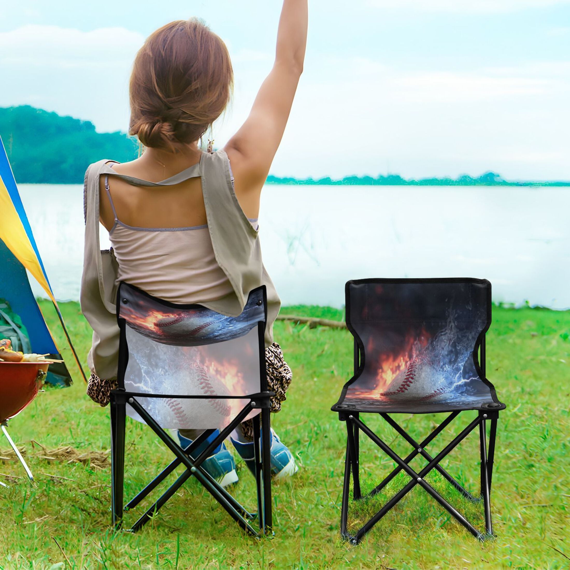 600D Oxford Camping Chair Portable Foldable Chair Supports 220 lbs for Picnic, Fishing, Backpacking Baseball with Water and Fire