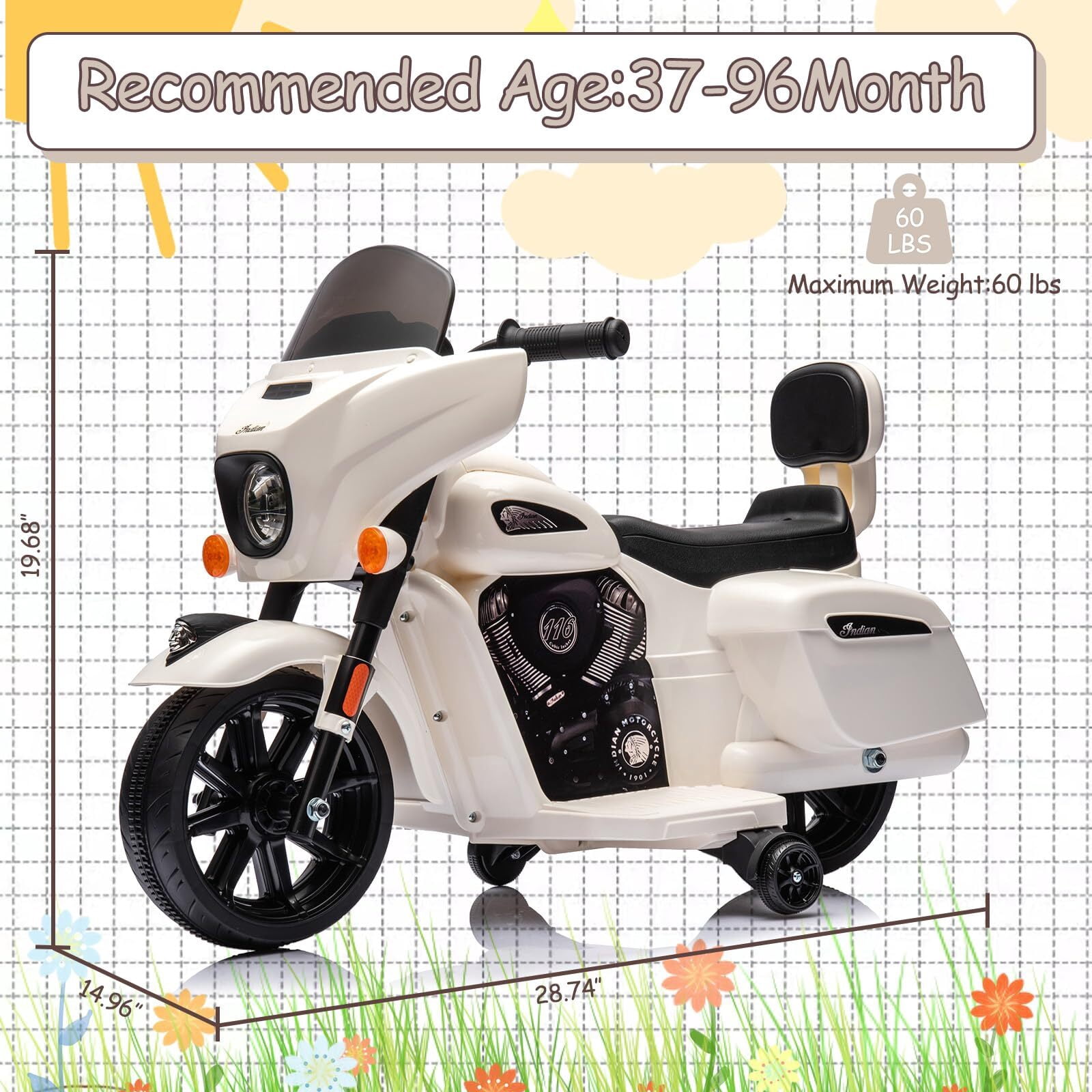 Kids Ride On Motorcycle, Licensed Indian 6V Ride on Toy Electric Motorcycle with USB, AUX，Music and Headlight for Toddler Boys and Girls