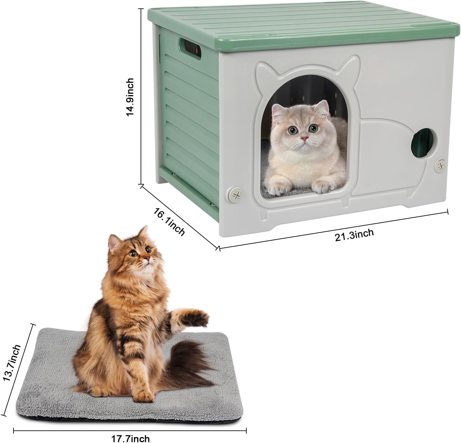 Plastic Cat House for Indoor Outdoor, Weatherproof Outside Cat House for Feral Cat, Stackable Cat Shelter with Plush Cushion (Green)
