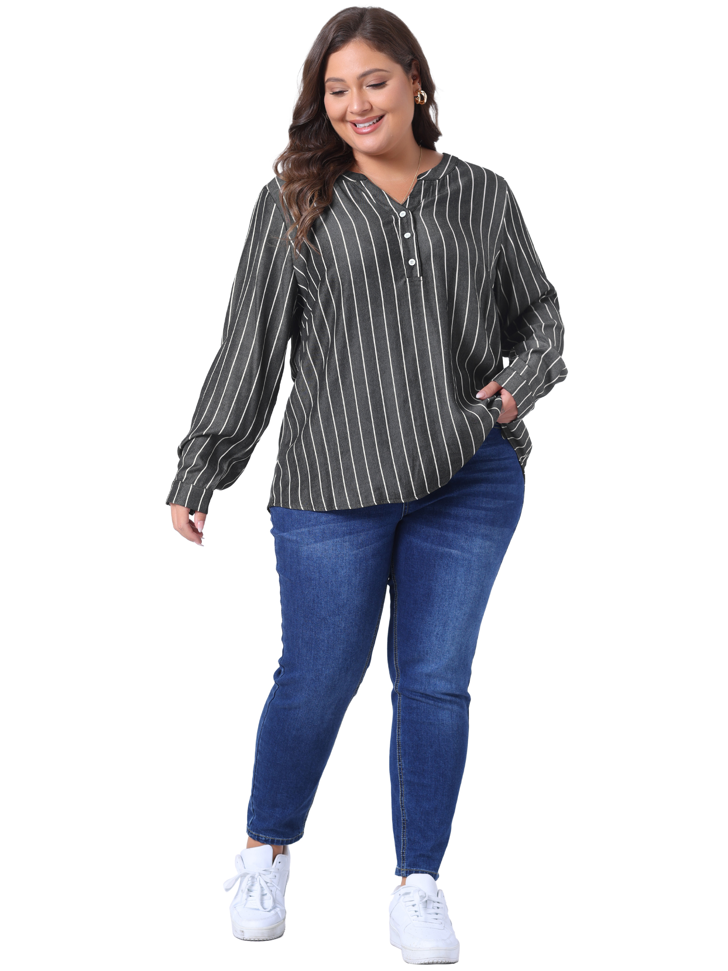 DARING DIVA Women's Plus Size Long Sleeve Button Down Blouse 1X Black