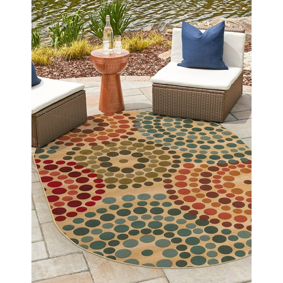 Unique Loom Outdoor Modern Collection Area Rug - Spark (4' 1" x 6' 1" Oval Beige/Burgundy)