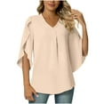 thumbnail image 2 of Usmixi Cute Tops for Women Elbow-Length V-Neck Solid T shirts Summer Casual Lightweight Loose Fit Comfy Chiffon Blouse Beige M Clothes, 2 of 6