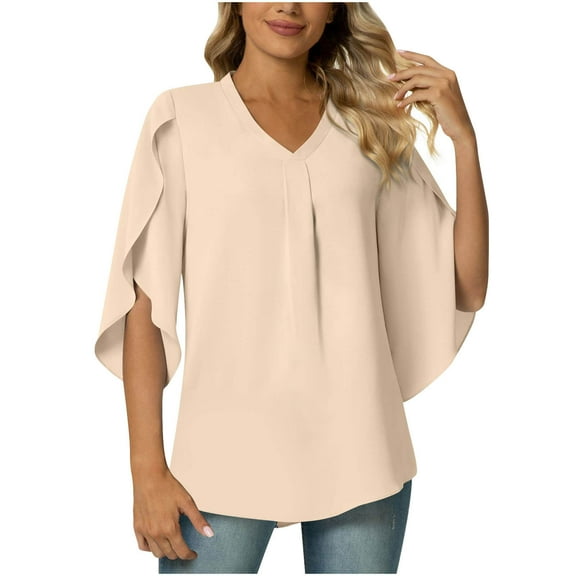 Mittory Women's Casual Chiffon Blouse Tops 3/4 Ruffled Sleeve V Neck Loose Fit Blouses Shirts