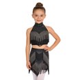 thumbnail image 2 of TiaoBug Kids Girls Latin Dance Outfits Fringe Tassels Halter Backless Crop Top with Mini Skirts Dancewear Black 12, 2 of 6