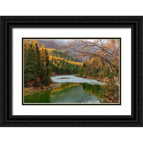 Haney, Chuck 32x23 Black Ornate Wood Framed with Double Matting Museum Art Print Titled - North Fork of the Flathead River in autumn in Glacier National Park-Montana-USA