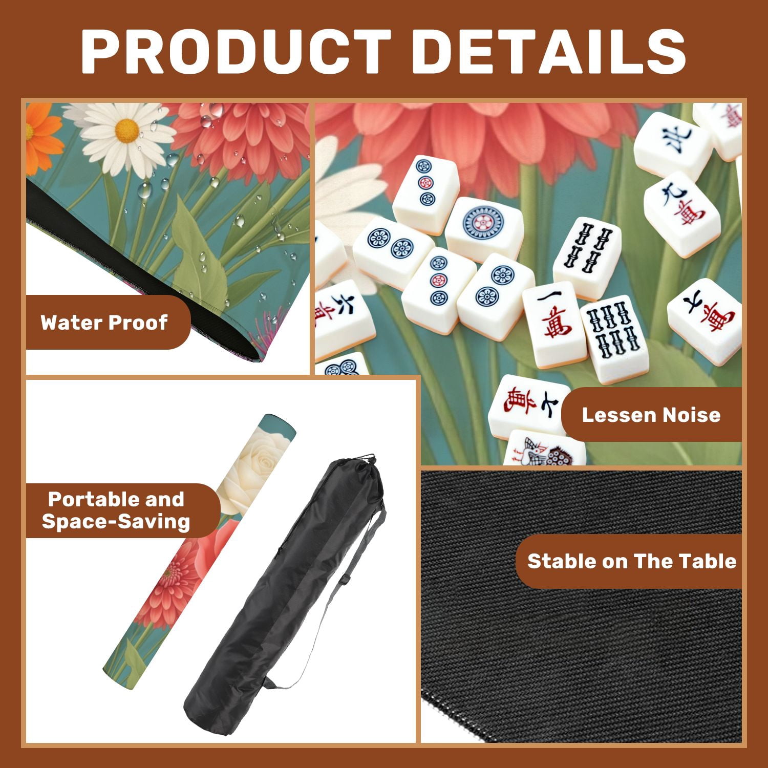 Mahjong Mat 31.5" x 31.5" Vibrant Floral Arrangement Roses Daisies Lilies Teal Non-Slip Noise Reduction American Mahjong Tiles Table Cover for Dominoes Poker Card Board Games Gift