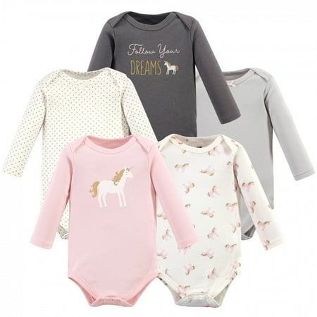UPC: 0660168586299 | Hudson Baby Infant Girl Cotton Long-Sleeve Bodysuits 5pk  Gold Unicorn  0-3 Months