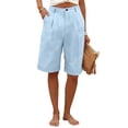 thumbnail image 2 of Lumtrix Cotton Linen Womens Bermuda Shorts Dressy Wide Leg Summer Shorts Buttons Pleated High Waisted Baggy Knee Length Short Pants Light Blue L, 2 of 5