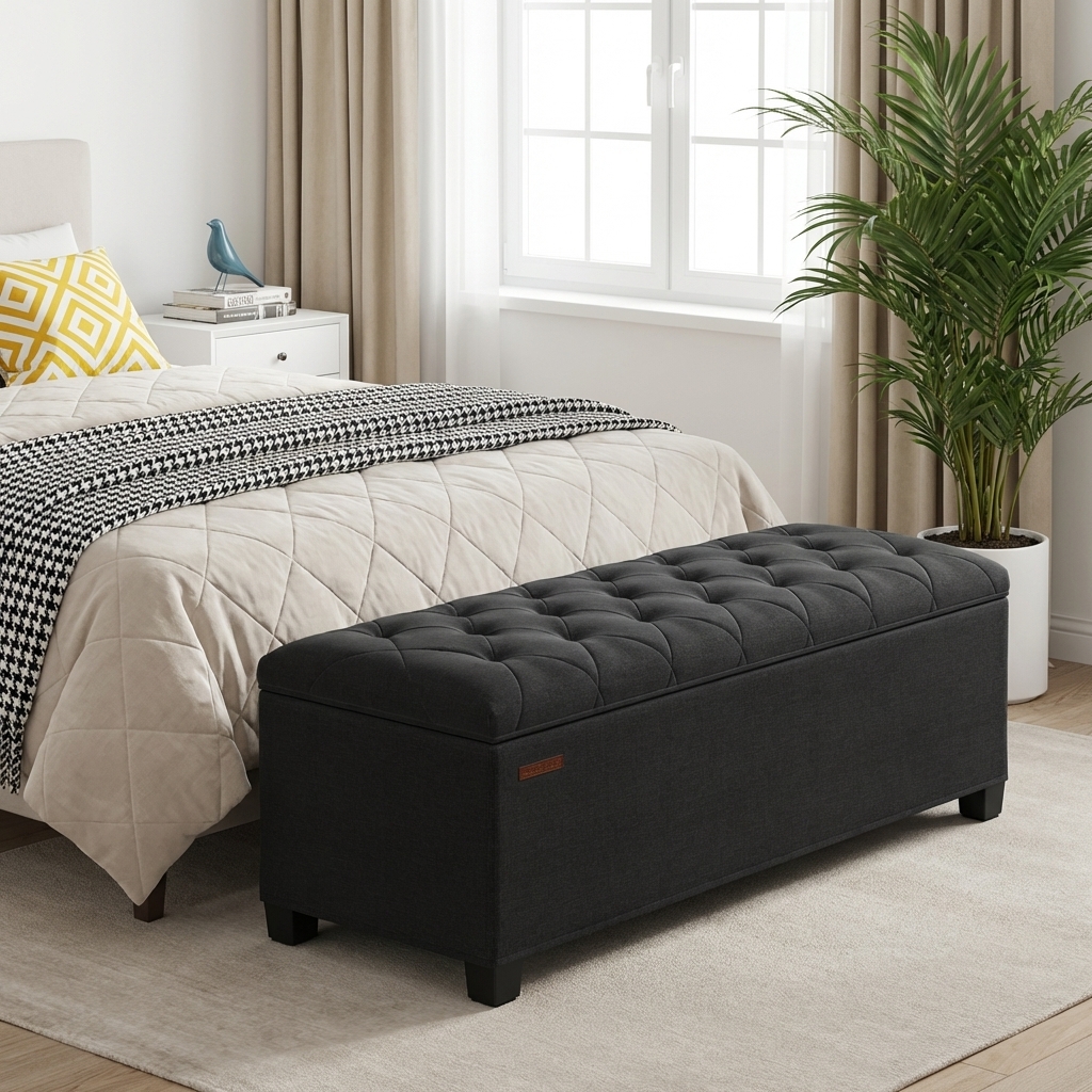 Ledrem 43" Storage Ottoman Bench with Removable Cover, Black photo 1