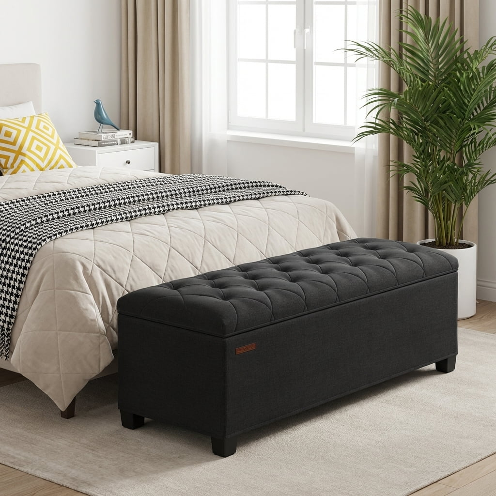 LEDREM Storage Ottoman Bench, 43" End of Bed Bench with Removable Cover, 660lb Capacity, for Living Room, Bedroom, Ink Black