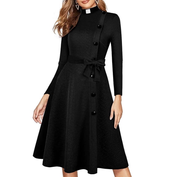 Afinprain Womens Clergy Long Sleeve A‑Line Dress with Tab Collar Tie Belt Side Buttons