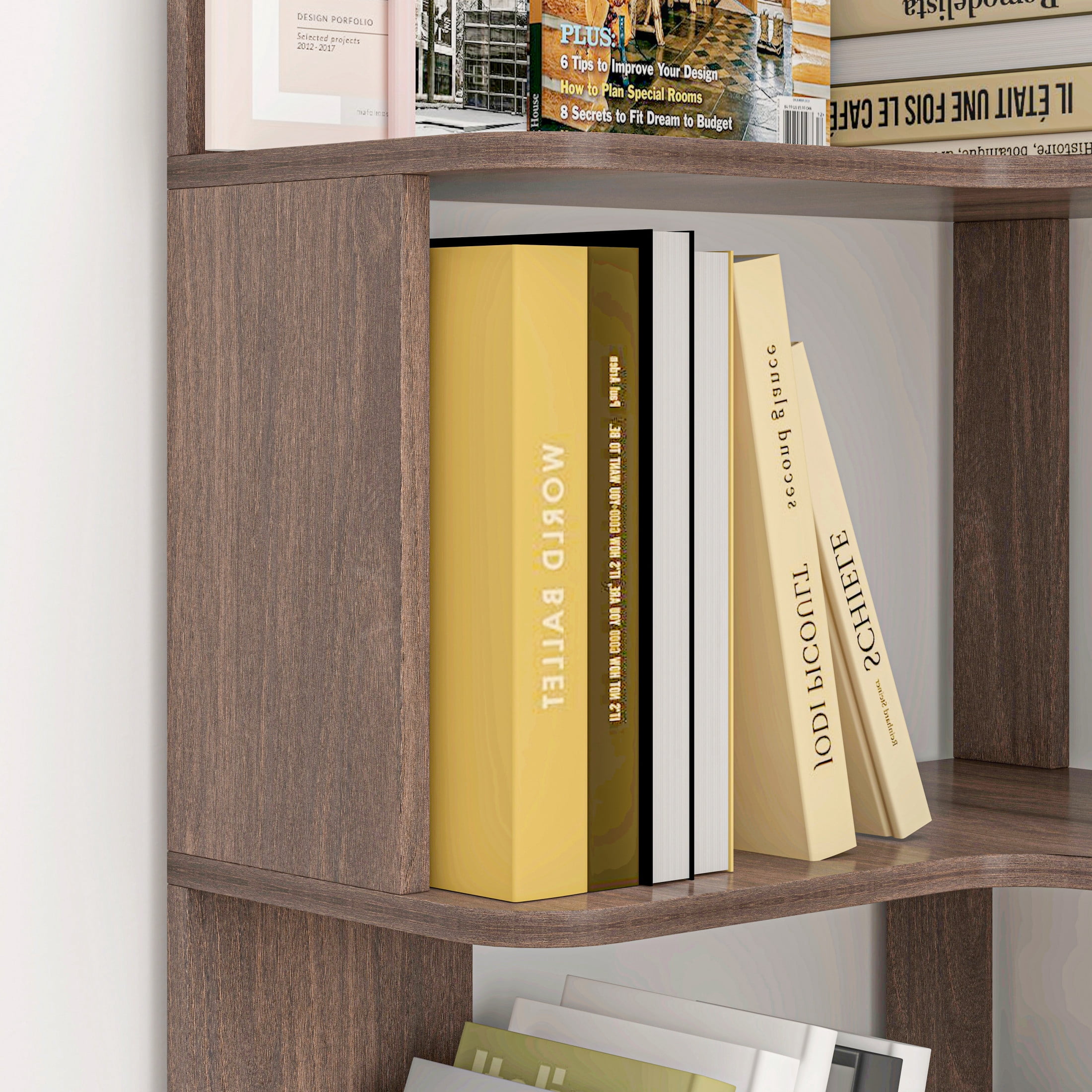 GDF Studio Derwin 5-Tier Corner Bookshelf, L-Shaped Wooden Bookcase for Living Room, Home Office, Dark Brown