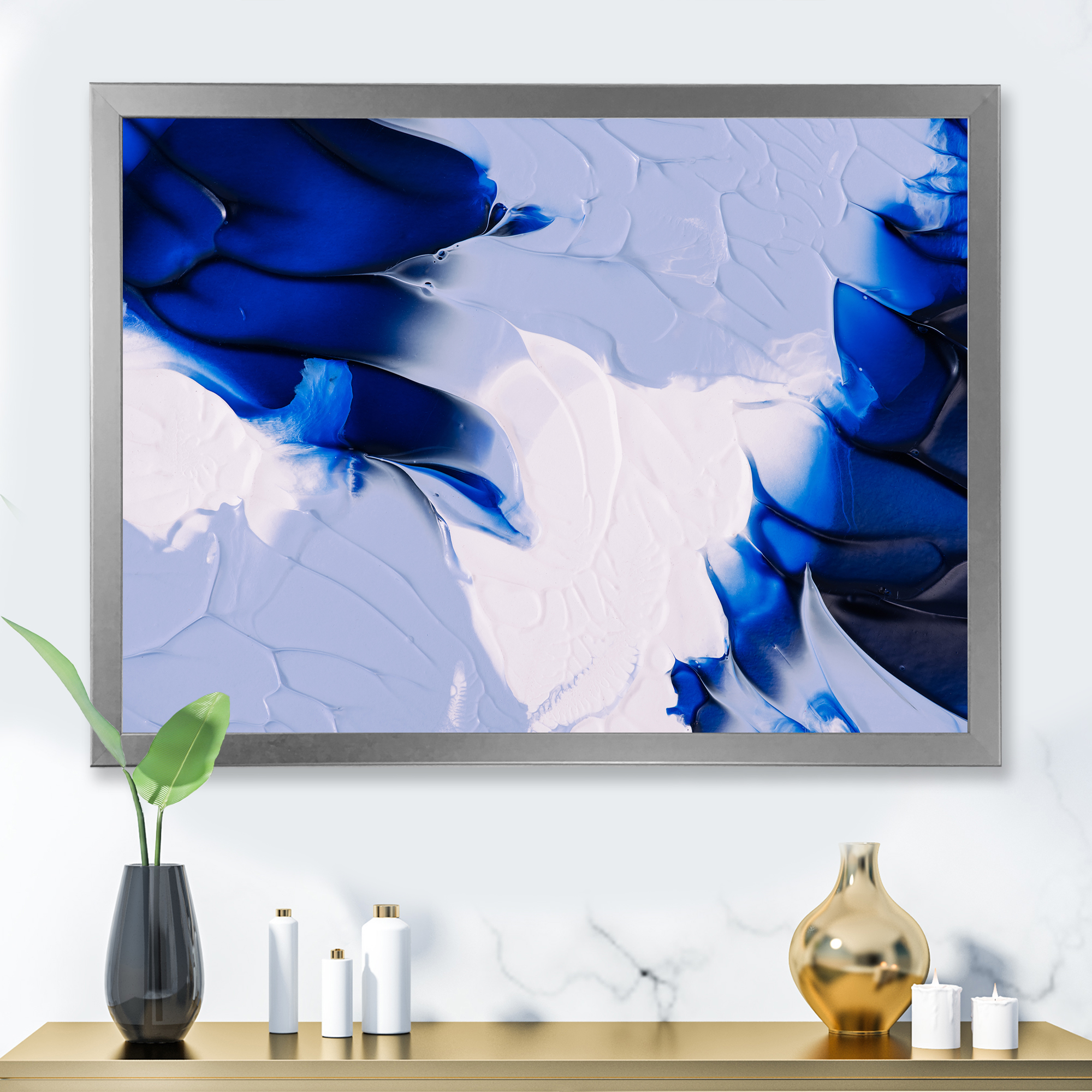 Designart 'Abstract White and Blue Grey Waves' Modern Framed Art Print