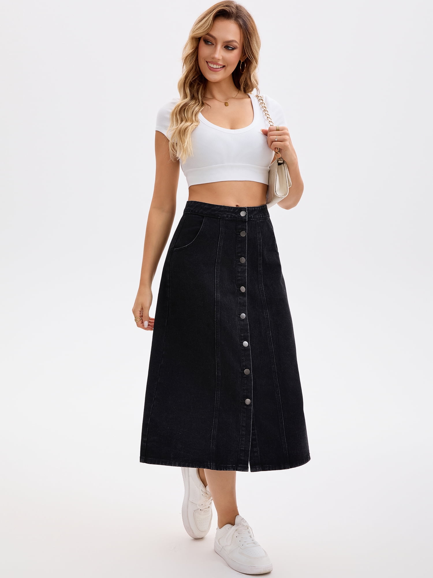 DARING DIVA Women's Button Down Front Slit A Line Midi Jean Skirts XL Black