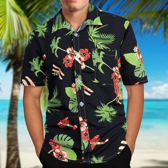 EGNMCR Short Sleeve Shirts for Men Summer Casual T-shirt, Men's Hawaiian Print Lapel Short Sleeve Shirt,