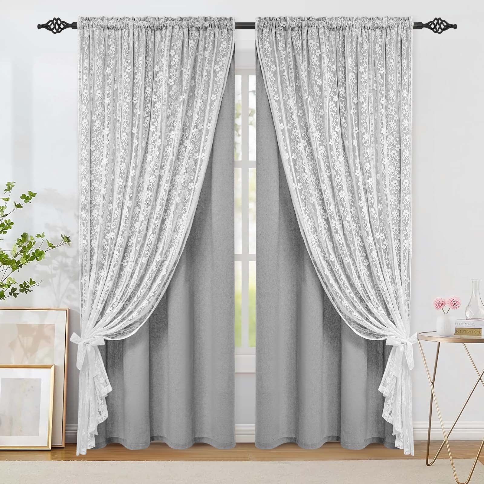 Alishomtll Grey Linen Curtains with Lace Sheer 84 Inches Long, Double Layer Light Filtering Window Drapes for Bedroom Living Room,W52 X L84,2 Panels