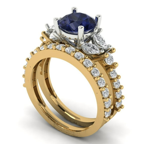 Clara Pucci 18K Yellow/White Gold 2.94 Simulated Blue Sapphire Engraveable Engagement Ring   Wedding Band Set