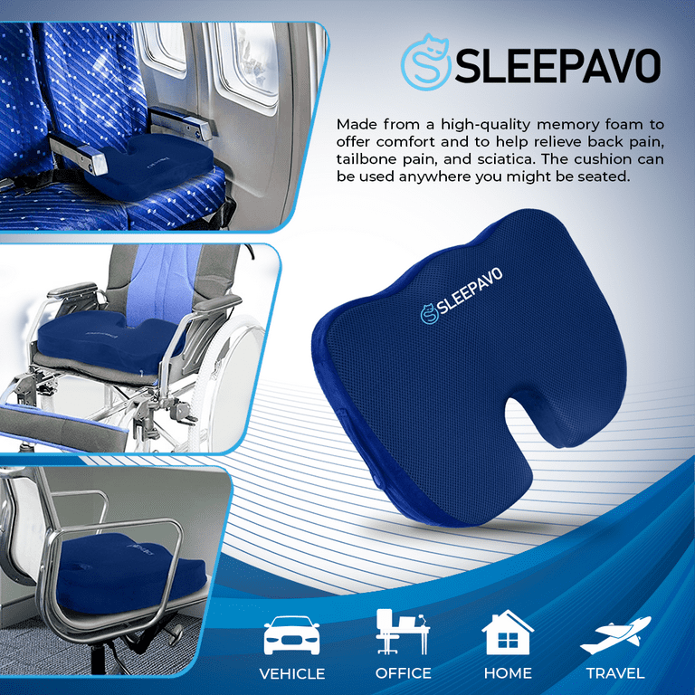 Sleepavo Navy Blue Memory Foam Seat Cushion for Office Chair - Cooling Gel Pillow for Sciatica Coccyx Back Tailbone & Lower Back Pain Relief - Chair