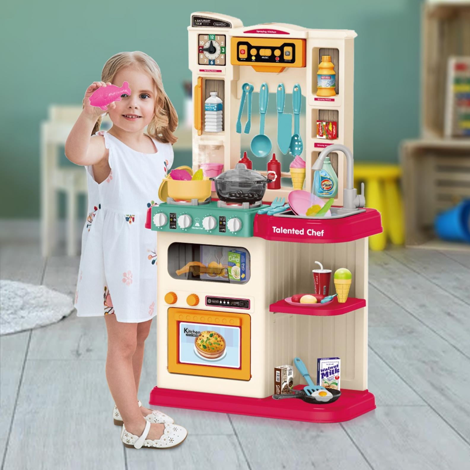 Kitchen Playset For Girls Pretend Play Toy Cooking Set with Sound Toddler Kid US 