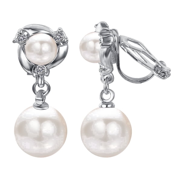 Yoursfs Silver Faux Pearl Clip on Earrings for Women Platinum Plated Double Pearl Dangle Earrings Clip on Non Pierced Ears Jewelry Gifts