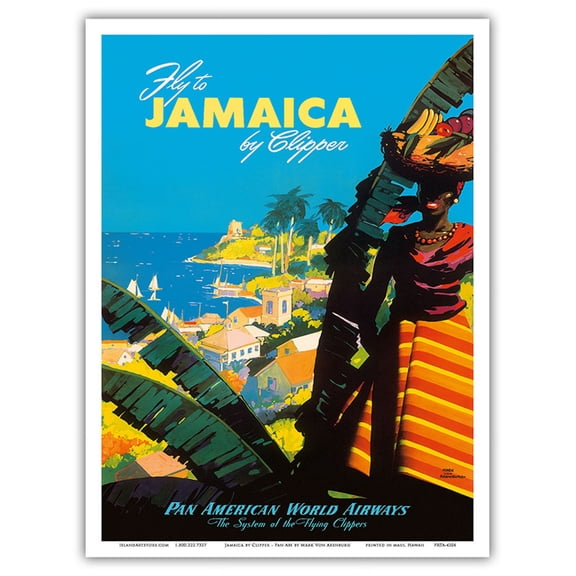 Fly to - Jamaica - by Clipper - Pan American World Airways - Vintage Airline Travel Poster by Mark Von Arenburg c.1950 - Master Art Print (Unframed) 9in x 12in