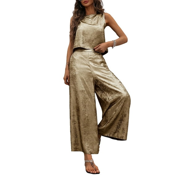 Women'S Summer 2 Piece Outfits Set Round Neck Sleeveless Tank Crop Top Wide Leg Pants Set Pockets Jumpsuits Gold S