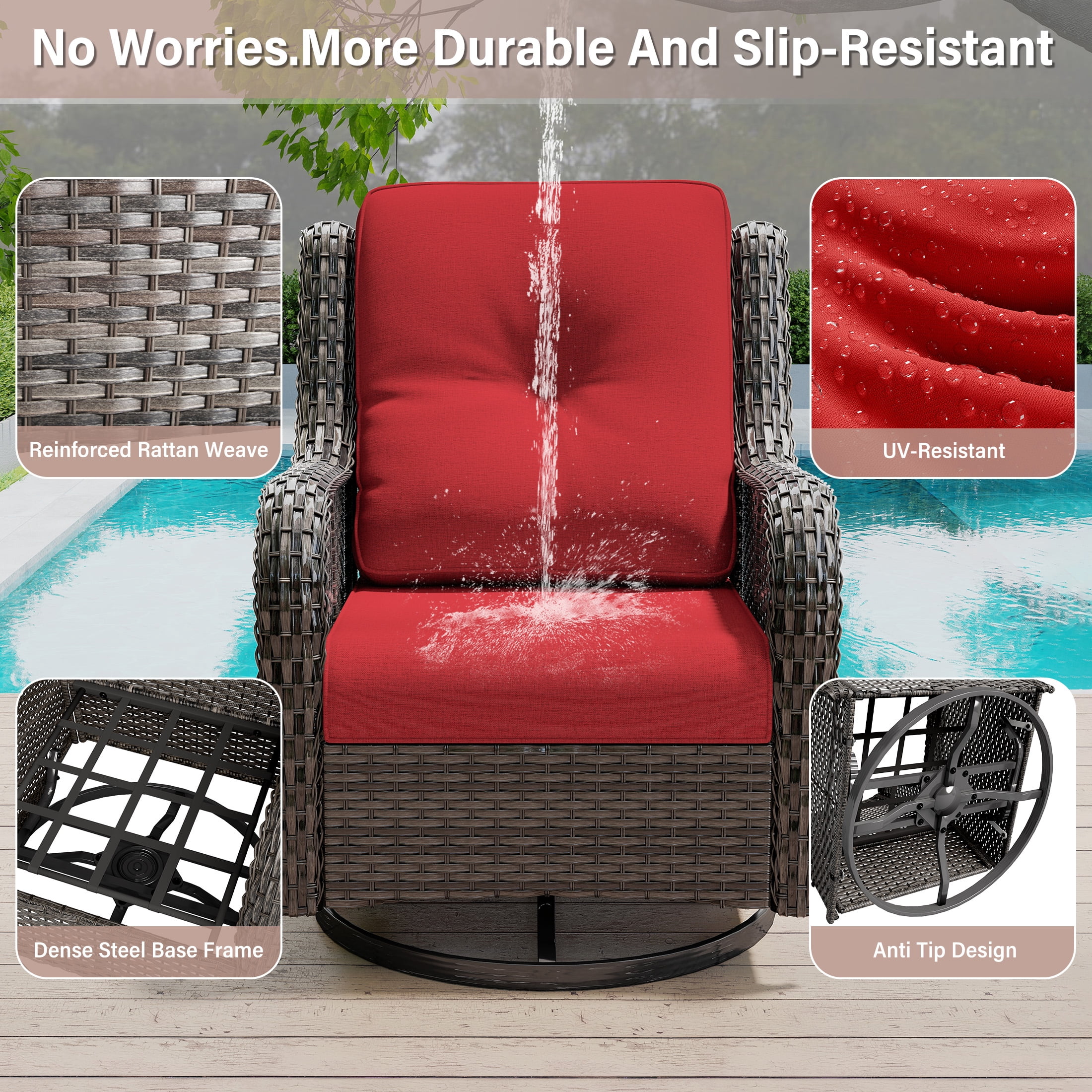 MeetLeisure 3 Piece Wicker Patio Furniture Set with Side Table, Outdoor Swivel Rocker Chairs with High Back, Deep Seating, Wide Armrest, Thick Cushions for Deck Porch, Red