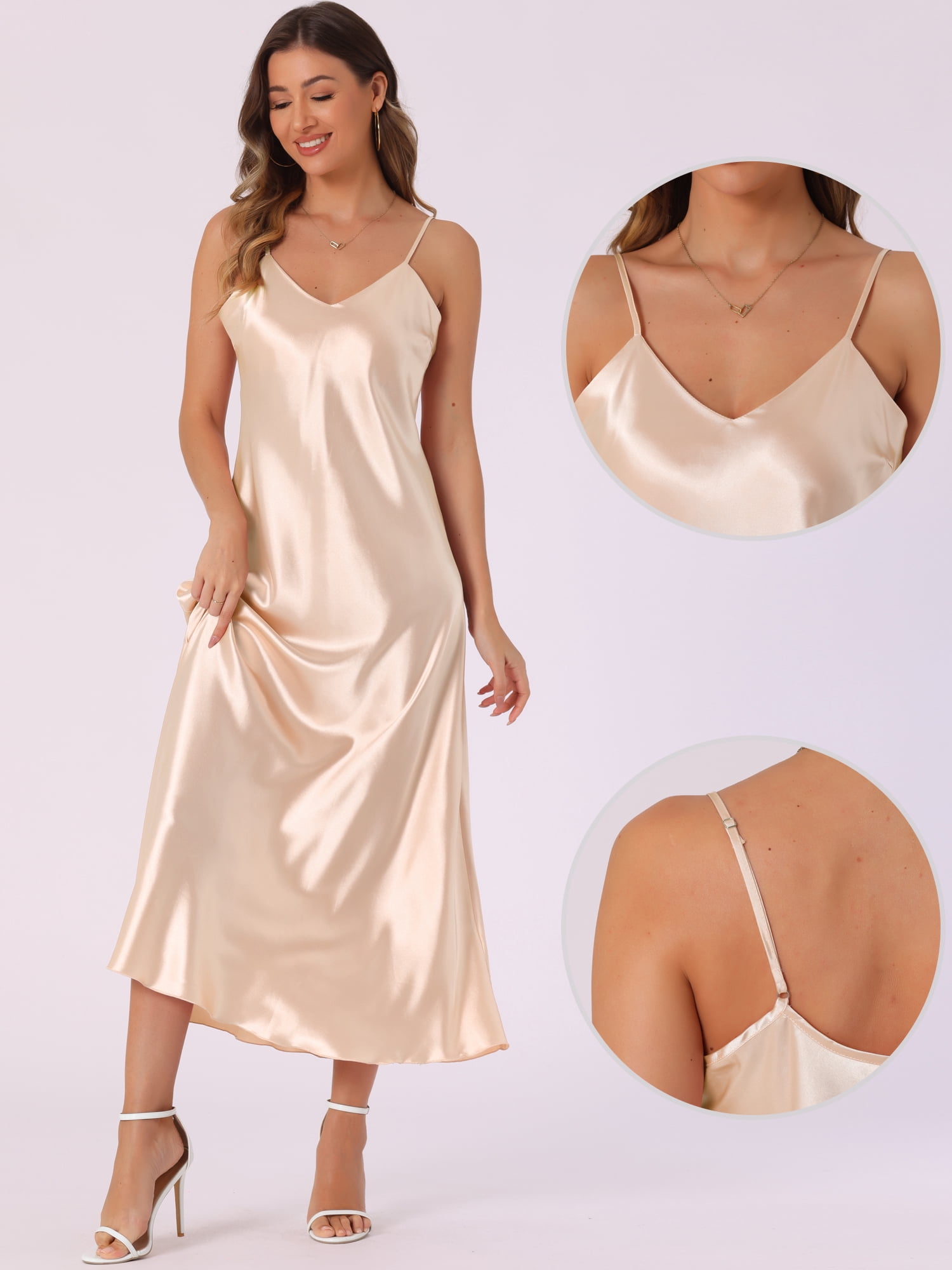 DARING DIVA Satin V Neck Spaghetti Strap Silky Maxi Dress M Champagne