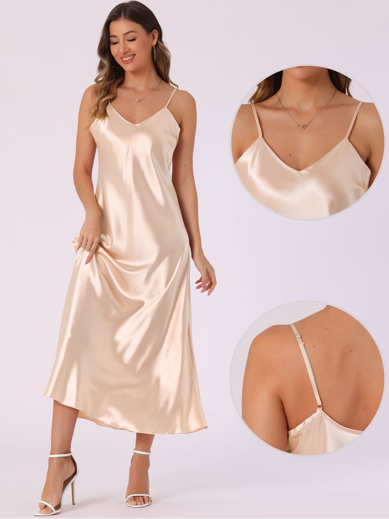 DARING DIVA Satin V Neck Spaghetti Strap Silky Maxi Dress S Champagne -  Walmart.com