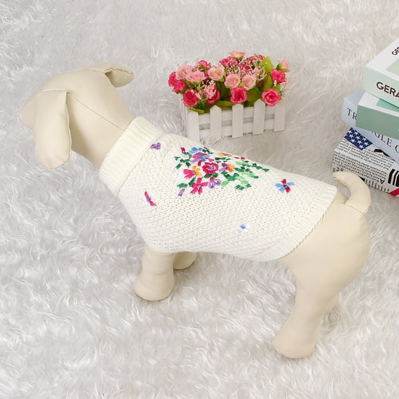 Pet Sweater Knitted Bulldog Chihuahua Clothing Cute Winter Autumn Warm Soft Dog Cat Crochet Waistcoat Fashion Embroidered Flower