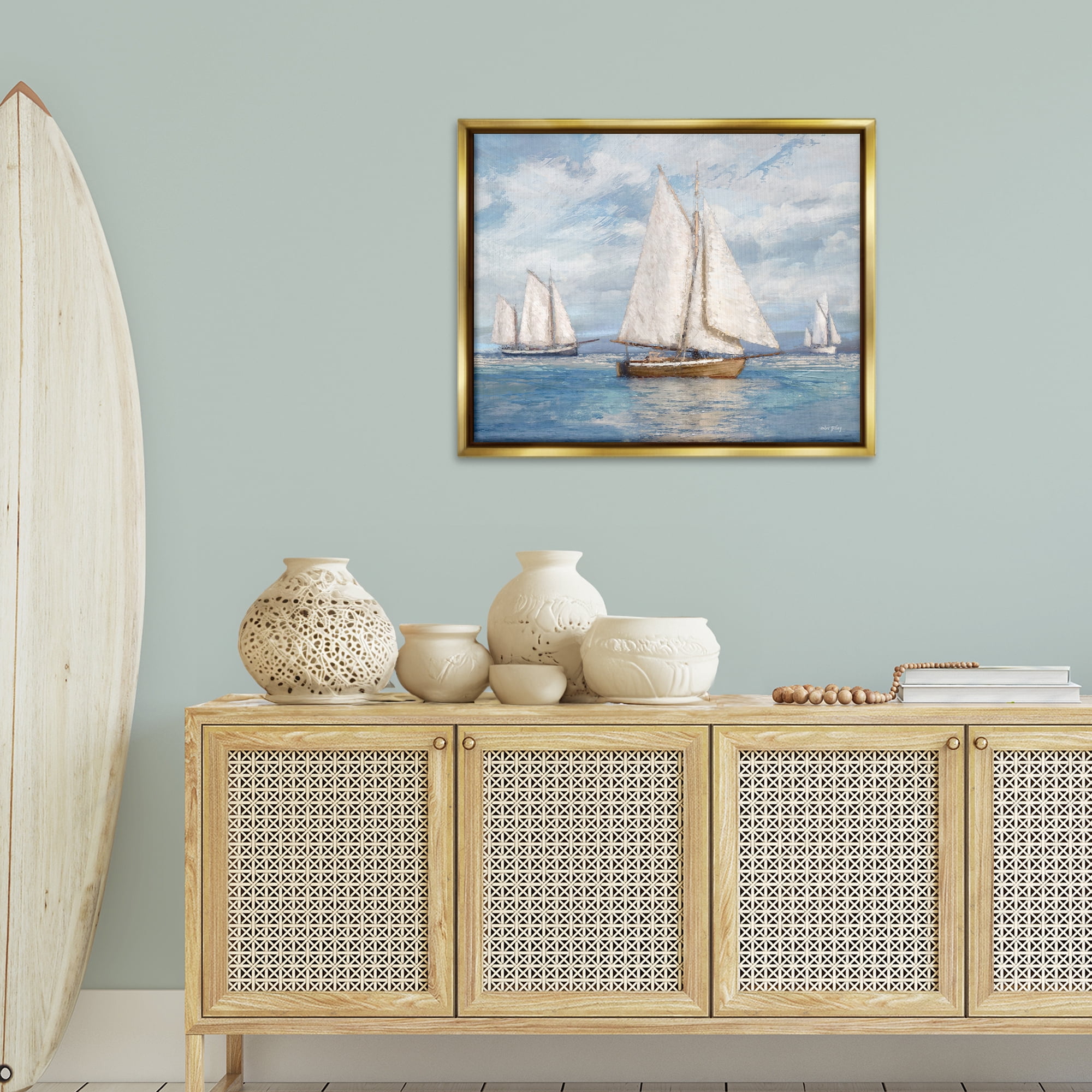 Stupell Industries Sailboat Trio Impression Nautical & Beach Painting Gold Floater Framed Canvas Art Print Wall Art, 31 x 25