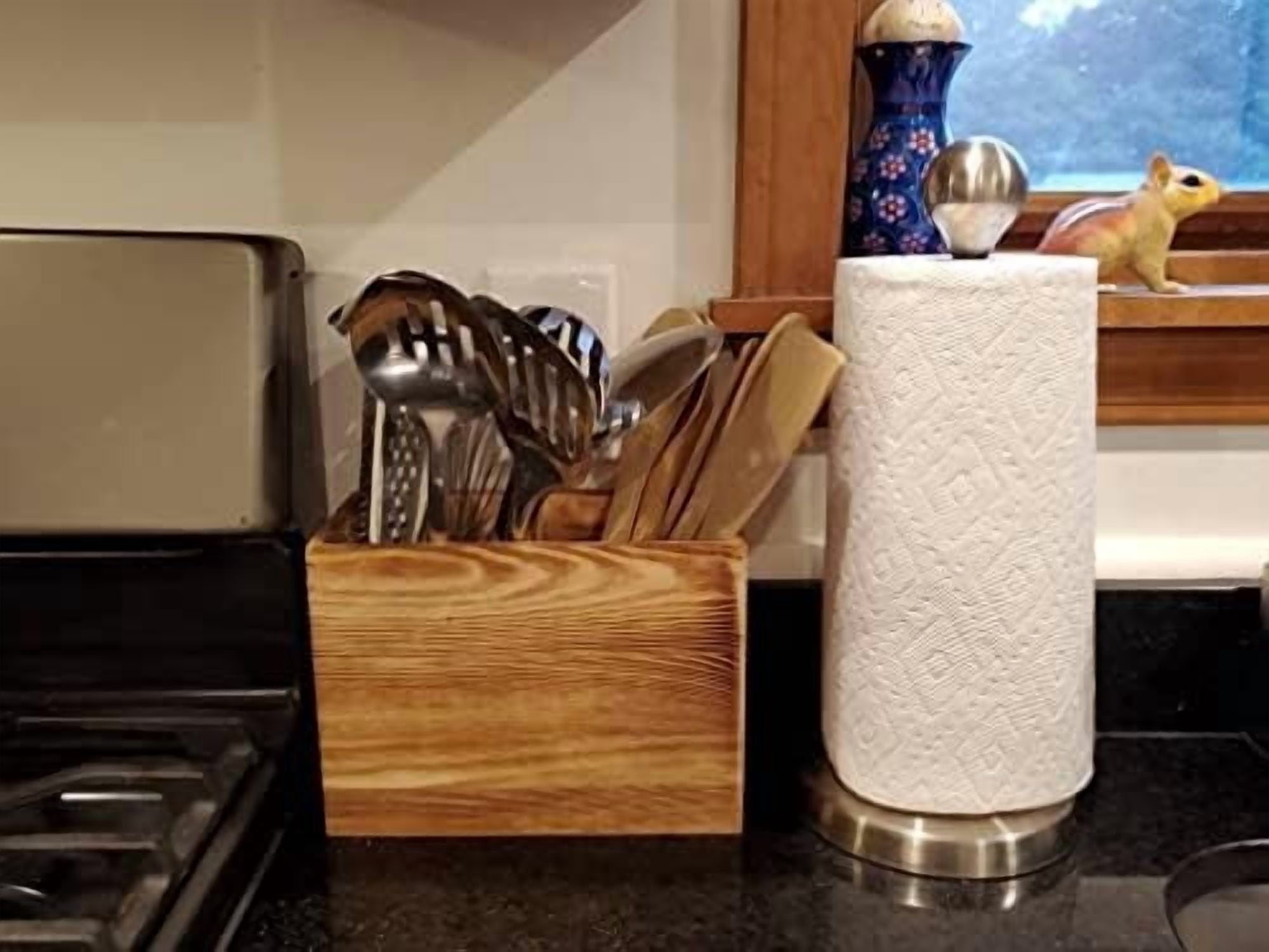 Wood Utensil Holder for Kitchen Counter - 2 Compartment Large Utensil Crock Organizer for Countertop - Tool Holder for Spatula - Farmhouse Decor