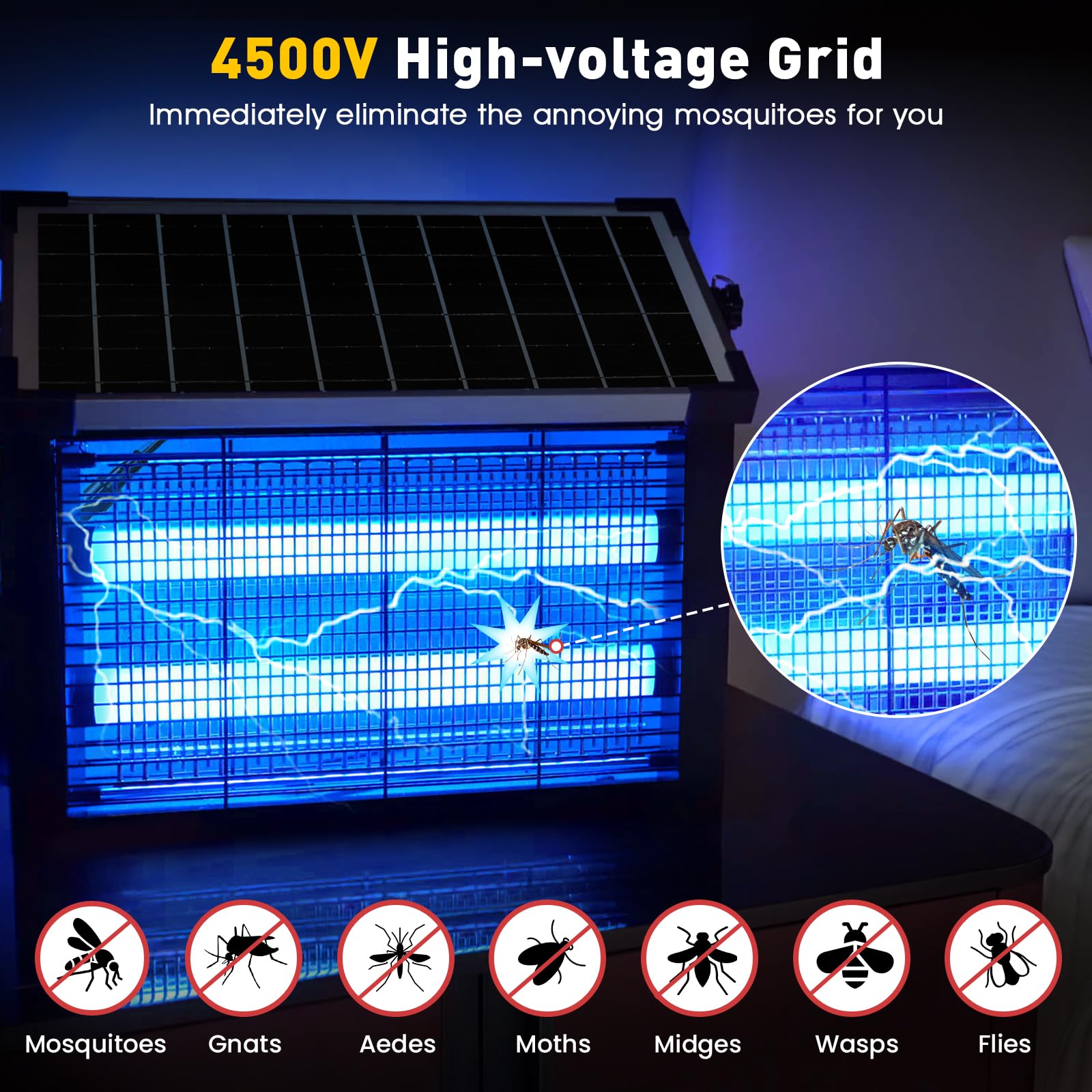 Solar Zapper Outdoor  4500v Mosquito Waterproof 1/2 Acre Coverage Rechargeable Electric Fly Cordless Portable Traps For Backyard Patio Camping Indoor