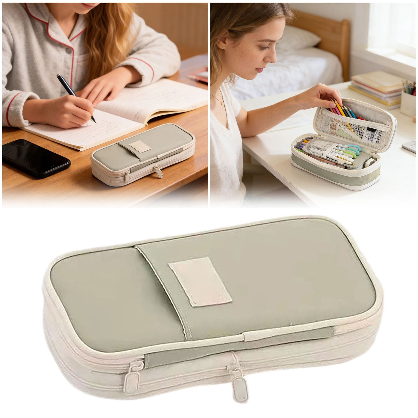 1-4PC Expandable Pencil Case with Compartments Large Capacity Pencil Pouch Stationery Pen Bag Organizer with Zipper for Office Travel Home Holder Box Makeup Cosmetic Bag Green