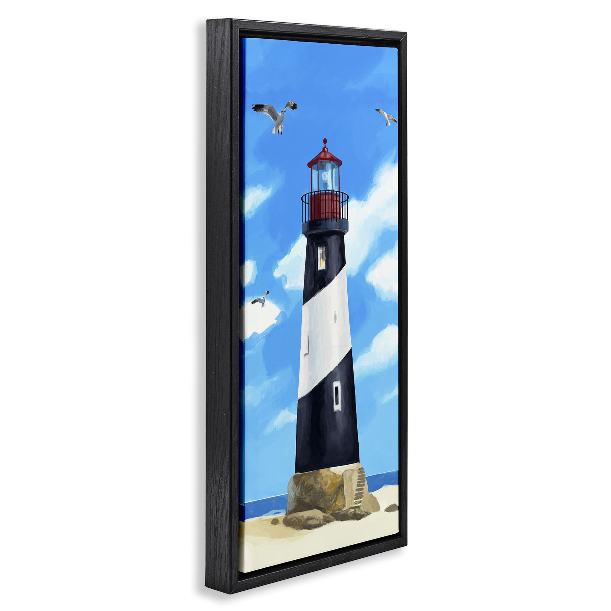 Stupell Industries Lighthouse on Beach Coastal Painting Black Floater Framed Canvas Art Print Wall Art, 11 x 25