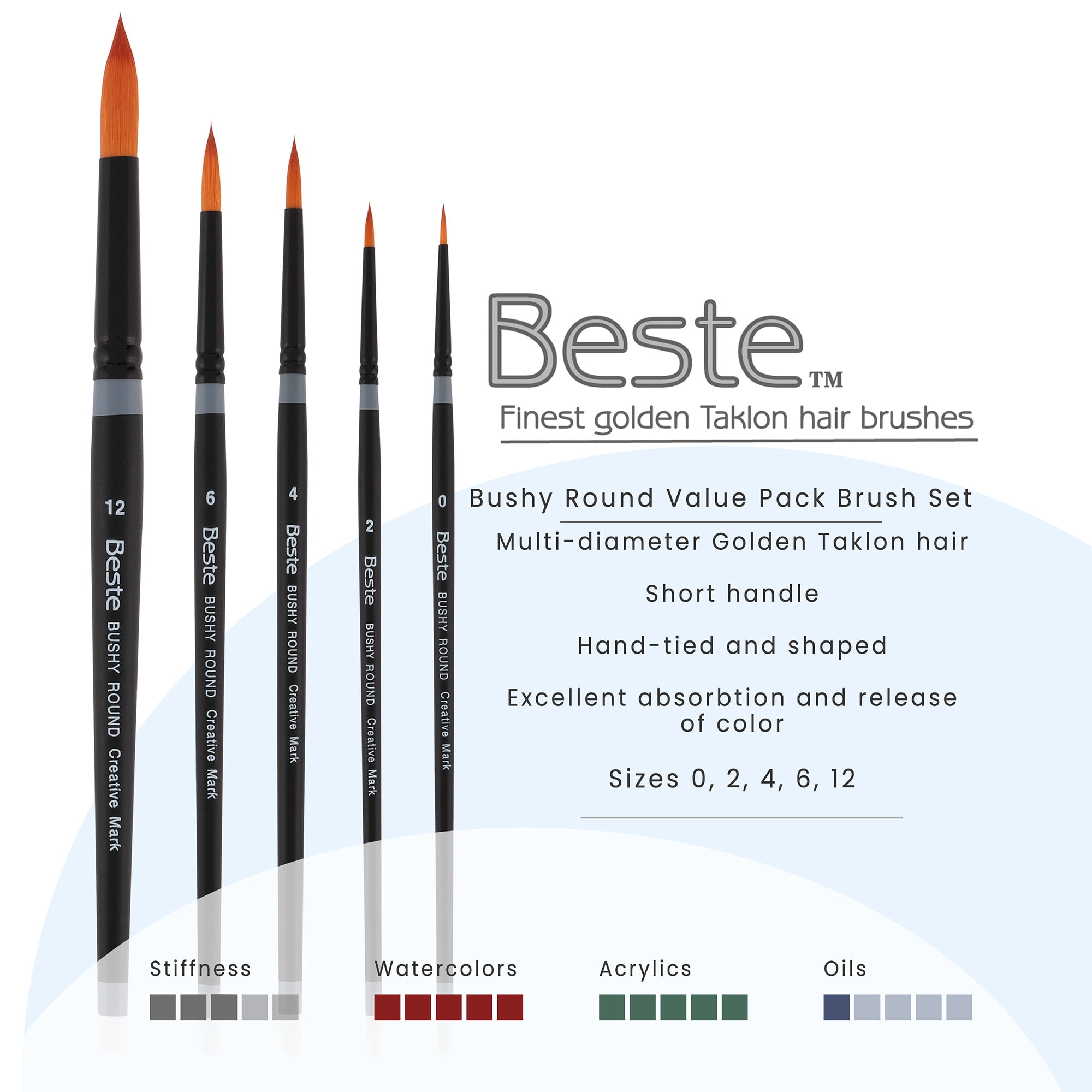 Creative Mark Beste Golden Taklon Bushy Round Set of 5 Artist Paint Brush, Professional Watercolor Brushes, For Acrylic Painting, Short Handle, Sharp Edges, Hand-Tied & Shaped
