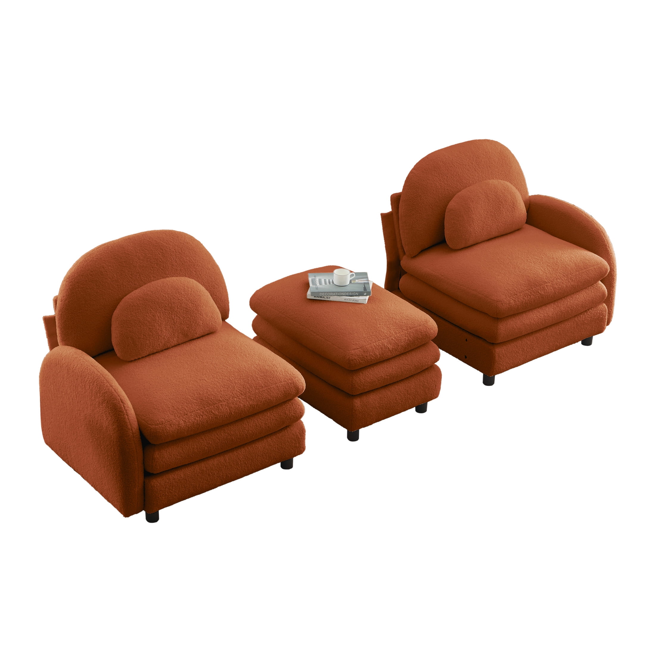 Noble House Windsor Teddy Fabric 2-Seater Sectional Sofa, Modular Cloud Couch with Ottoman and Lumbar Pillows, Orange
