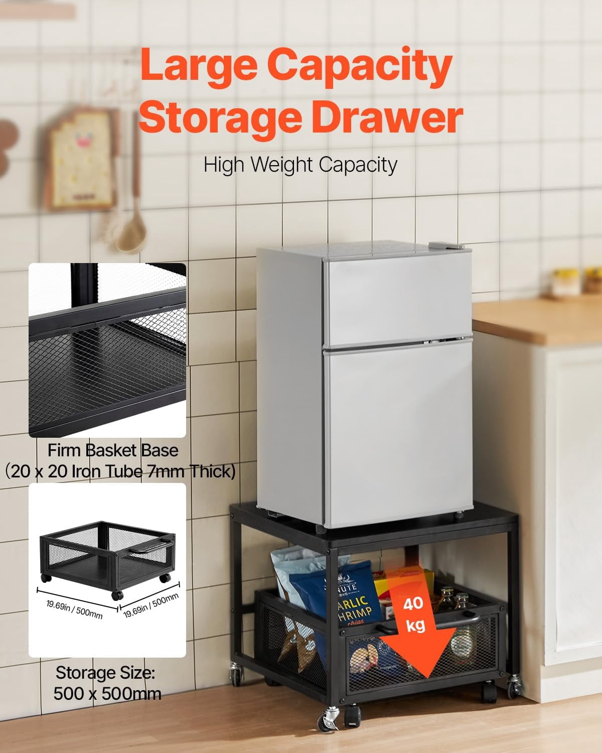 Mini Fridge Stand with Storage Cart, 198 lbs Heavy Duty Refrigerator Table with Swivel Wheels for Kitchen Office Dorm, Black